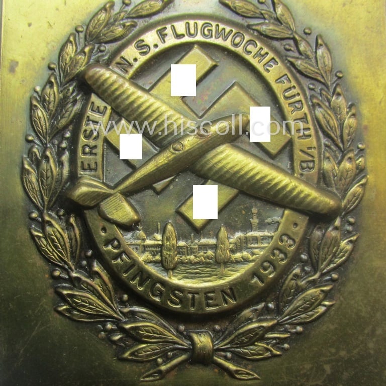 Attractive - very detailed and most certainly scarcely found! - neatly reddish-bronze-coloured (and I deem 'tin-metal'-based-) so-called: 'door-plaque' (ie. 'Türplakette') entitled: 'Erste N.S. Flugwoche - Fürth i./B. - Pfingsten 1933'