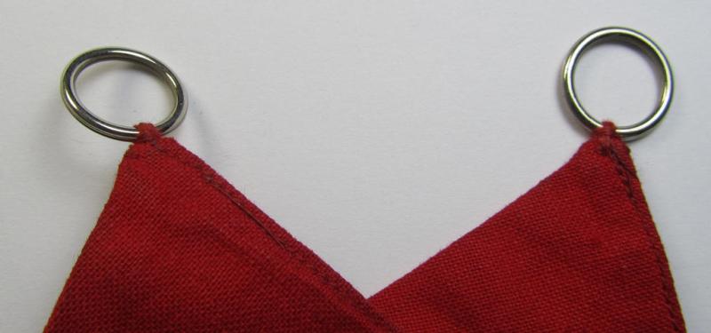 Attractive - 'patriotic-styled'- and/or truly nicely woven! - N.S.D.A.P.-related vehicle- ie. bicycle-flag (ie. 'Fahrrad-Fahne') depicting on one side a swastika-device and showing on the other side the text: 'Reichsparteitag 1934 - Nürnberg'