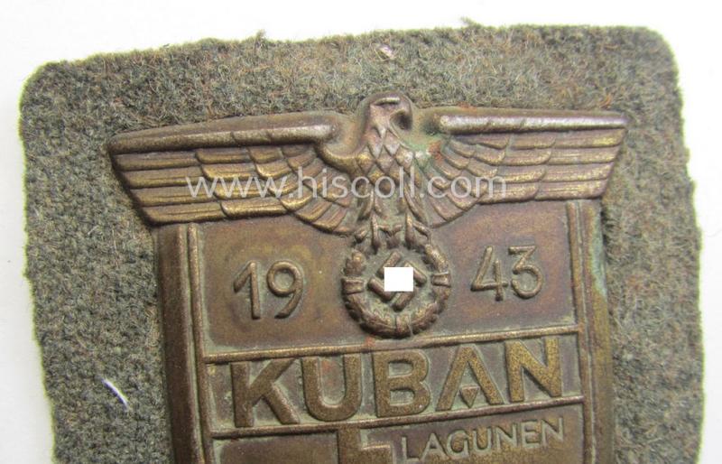 WH (Heeres ie. Waffen-SS) 'Kuban'-campaign-shield that comes mounted onto its original field-grey-coloured- and/or woolen-based 'backing' as issued and/or used