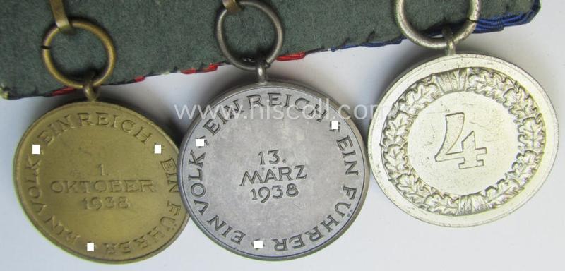 3-pieced WWII-period medal-bar (ie. 'Ordenspange') of the desirable 'detachable'-pattern showing resp. a: 'WH-Dienstauszeichnung der 4. Stufe' and two (Austrian and/or Czech) 'Anschluss'-medals