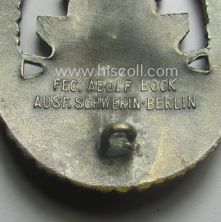 Superb - albeit moderately worn! - luxuriously-styled WH (KM) 'Flottenkriegsabzeichen' (or: high-sea fleet badge) being a maker-marked example as executed in typical 'Buntmetall' as produced by the maker: 'Fec. Adolf Bock - Ausf. Schwerin - Berlin'