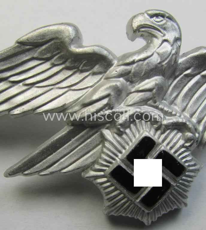 Attractive - and scarcely encountered! - officers'- (ie. evt. NCO-) pattern, aluminium-based so-called: 'Luftschutz' (ie. RLB-) visor-cap eagle being a maker- (ie. 'HA'-) marked example as was produced by the 'H. Aurich'-company