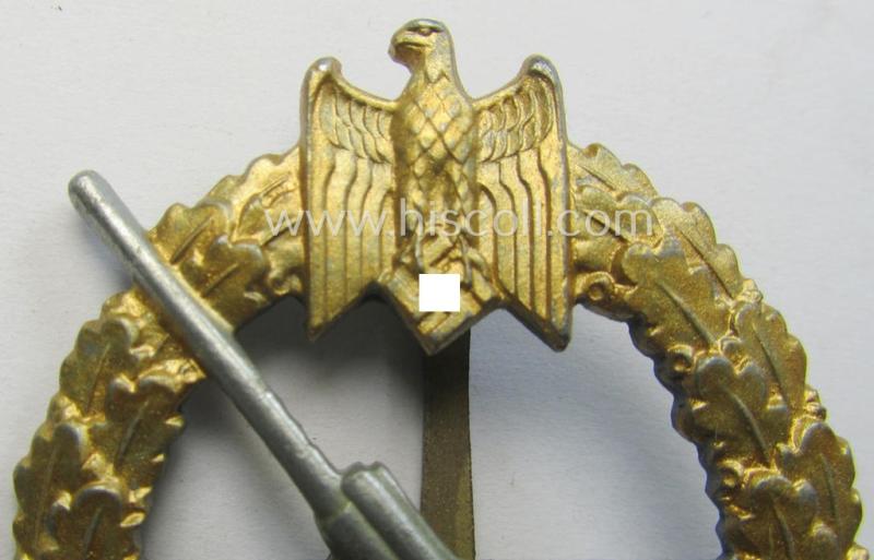 WH (KM) 'Marine-Artillerie-Abzeichen' being a maker- (ie. '45'-) marked- and/or zinc- (ie. 'Feinzink'-) based example by the: 'Franz Jungwirth'-company