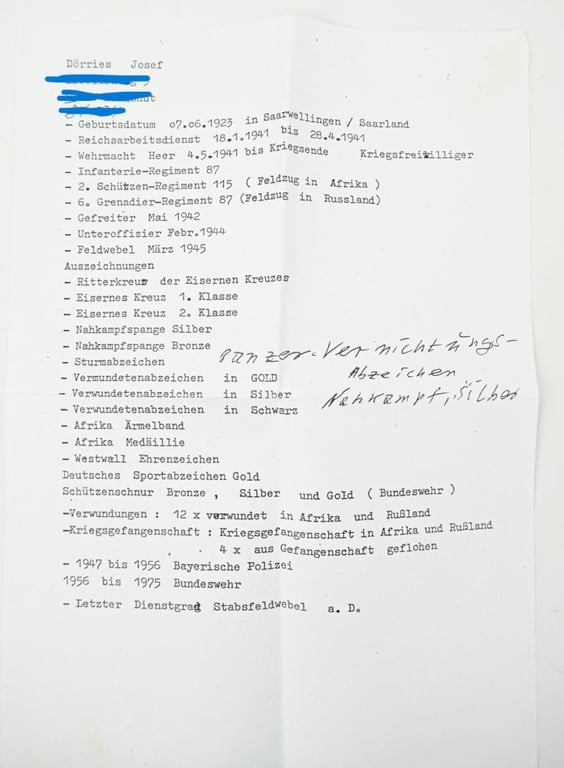 Signature of Wehrmacht Heer KC Recipient 'Josef Dörries'