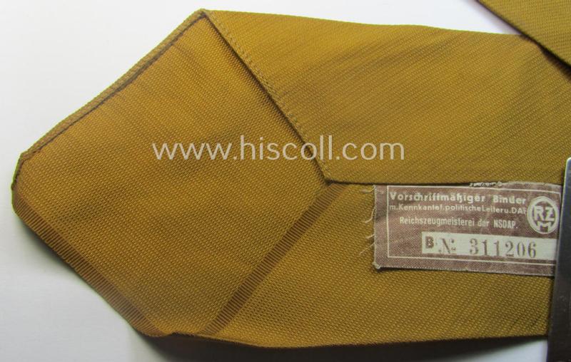 Unusually found, 'generic'-styled, N.S.D.A.P.- (ie. 'politischen Leiter'-related!) linnen-based tie ('Krawatte o. Binder') being a 'virtually mint- ie. unissued' example that still retains is period (linnen-based) 'RzM'-etiket