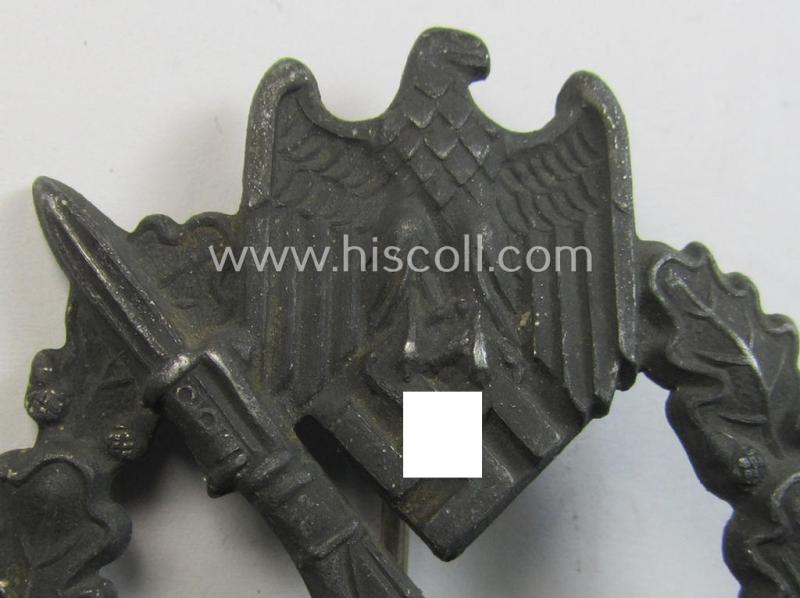 Neat, 'Infanterie Sturmabzeichen in Silber' being a scarcely seen, non-maker-marked- and/or zinc- (ie. 'Feinzink'-) based specimen as was presumably procuded by the desirable: 'Ernst L. Müller'-company