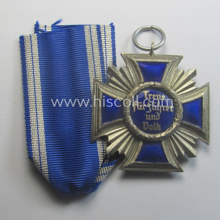 'N.S.D.A.P. Dienstauszeichnung in Silber' (ie. '2. Stufe für 15 Jahre t. D.') being a (typical) non-maker-marked- (and 'regular-weight') example that comes together with its period (regular-sized) ribbon as issued- and/or worn