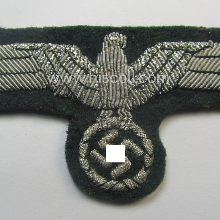 Detailed - and just moderately used! - WH (Heeres) officers'-type, hand-embroidered breast-eagle (ie. 'Brustadler für Offiziere') as executed in bright-silverish-coloured braid as was intended for usage on the various officers'-pattern tunics