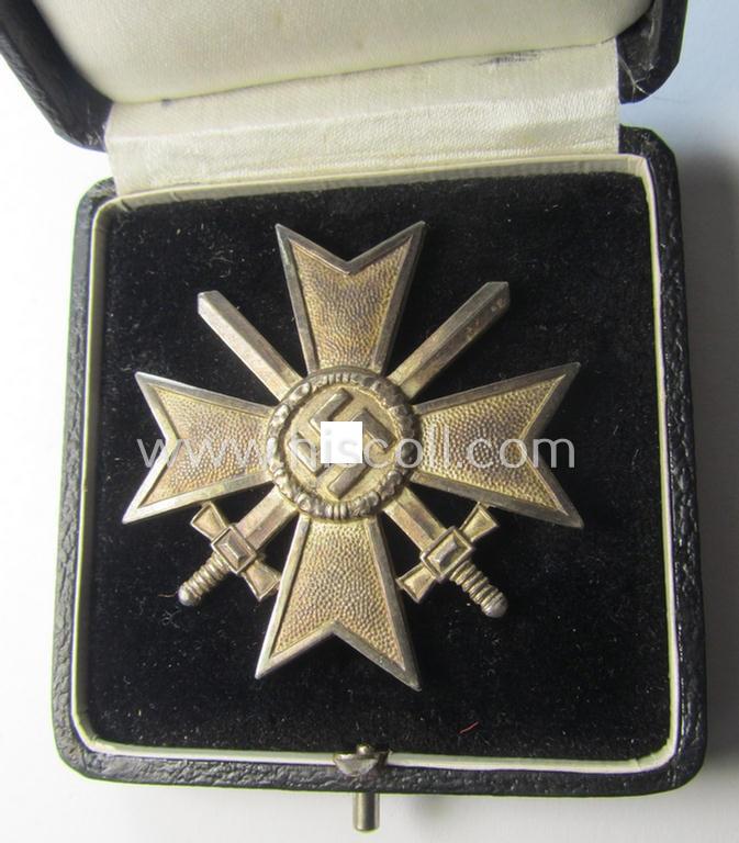 Medal-set: 'Kriegsverdienstkreuz 1. Kl. mit Schwertern' being a maker- (ie. 'L/11'-) marked (and/or: 'Buntmetall'-based!) specimen that comes stored in its original, luxuriously-styled KvK-etui as issued and stored for decades