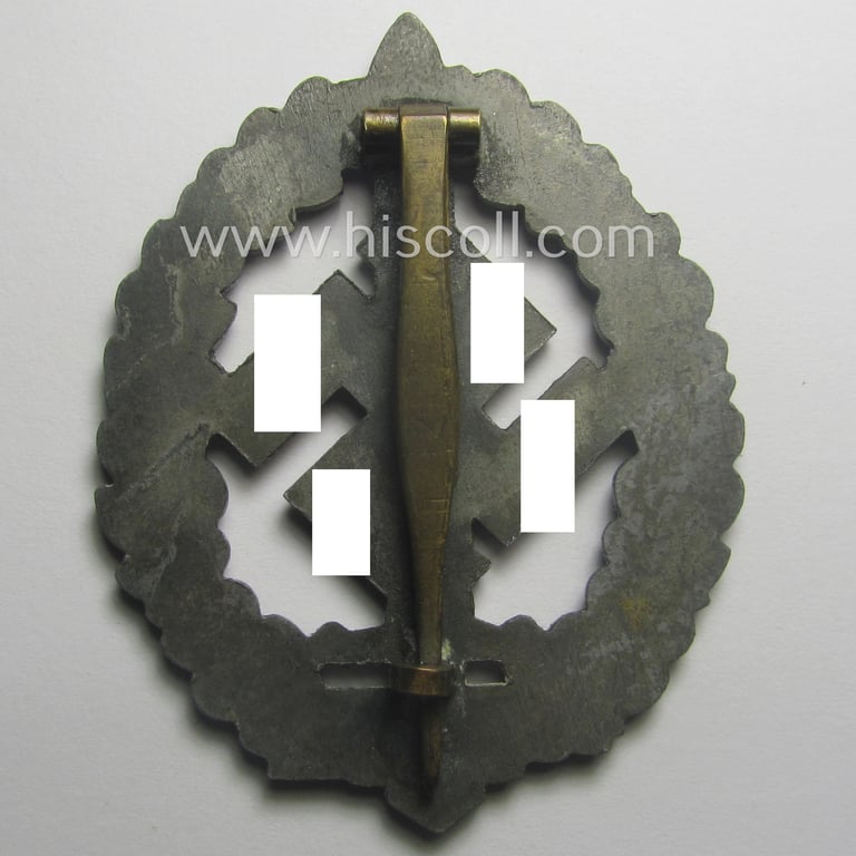 Truly worn, 'SA-Sportabzeichen für Kriegsversehrten' (ie.: SA-sports'-badge for the war-disabled) being a detailed example that is nicely maker- (ie. 'RzM M1/100'-) marked on its back