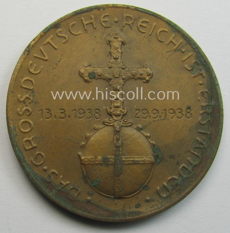 Attractive, TR-period, commemorative-plaque (ie. 'Erinnerungs- o. nichttragbare Medaille') showing a portrait of AH and bearing the text: 'Der einer und Führer aller Deutschen - Das Grossdeutsche Reich ist erstanden - 13.-3 - 29.-9-1938'