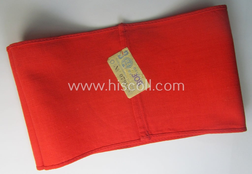 Moderately used and/or worn, linnen-based armband (ie. 'Armbinde') as was intended for usage by the staff of the: 'SA-Wehrmannschaften' (being a worn example that still retains its period-attached 'RzM'-etiket)
