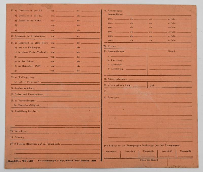 German Waffen-SS 'Stammkarte' Personal Record File