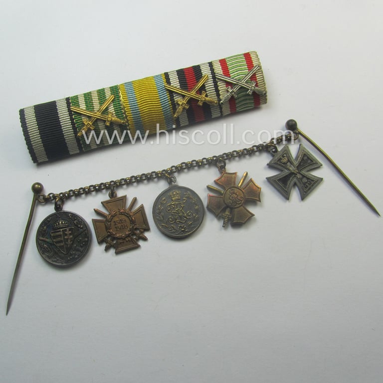 Three-pieced, (pre) 'WWI'-related medal-bar grouping (ie. 'Ordenspange-Satz') resp. depicting a WWI-period: 'EKII. Kl.', a: Sachs. 'Ehrenkreuz mit Schw.', a: 'Friedrich August Medaille in Silb.', a: 'FKK 1914-18' and an Austrian WWI-comm. medal