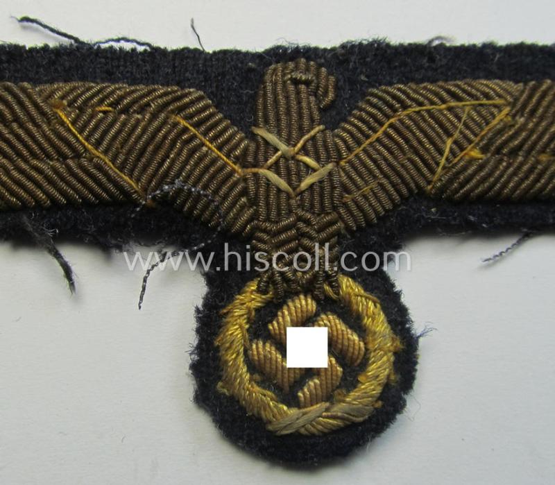 Superb - and moderately used! - WH (Kriegsmarine) officers'-type, hand-embroidered breast-eagle (ie. 'Brustadler für Offiziere') as executed in golden-coloured braid (and Cellueon!) as was intended for usage on the various officers'-pattern tunic...