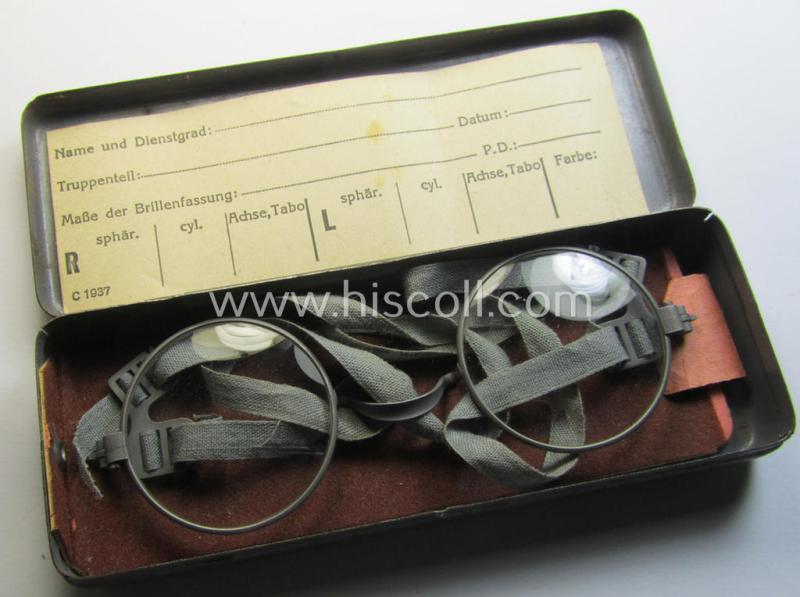 Matching - and/or fully complete! - pair of 'standard-issued'-pattern, WH-gas-mask-glasses (ie. 'Maskenbrille') that comes stored in its period-, metal-based container as was intended for usage in conjunction with the gasmask