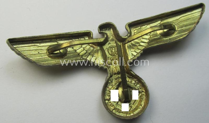 Attractive - bright-golden-toned- and/or: typical 'Feinzink'-based (political-style) visor- (ie. 'Schirmmützen'-) cap-eagle being a detailed example that is neatly: 'RzM' and/or 'M1/16' marked on its back