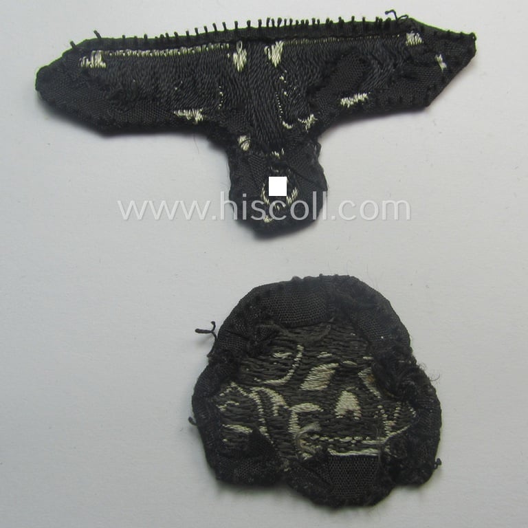 Superb - and nowadays rarely encountered! - Waffen-SS, 'BeVo'-woven-style skull- and cap-eagle-set (ie. 'Totenkopf- u. Adler-Effektensatz für Schiffchen o. Einheitsfeldmütze') that comes in a just  moderately used- and/or cap-removed, condition