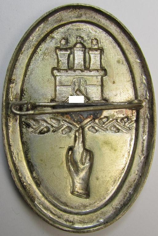 Attractive - and scarcely found! - early-period- and silver-toned- (ie. tin-based) day-badge (ie. 'tinnie') as was issued to commemorate the: '1. Gau-Parteitag Hamburg - Parteigründungsfeier Hamburg - 23.2.34 - Vereidigung d. Polit. Leiter - 25.2....