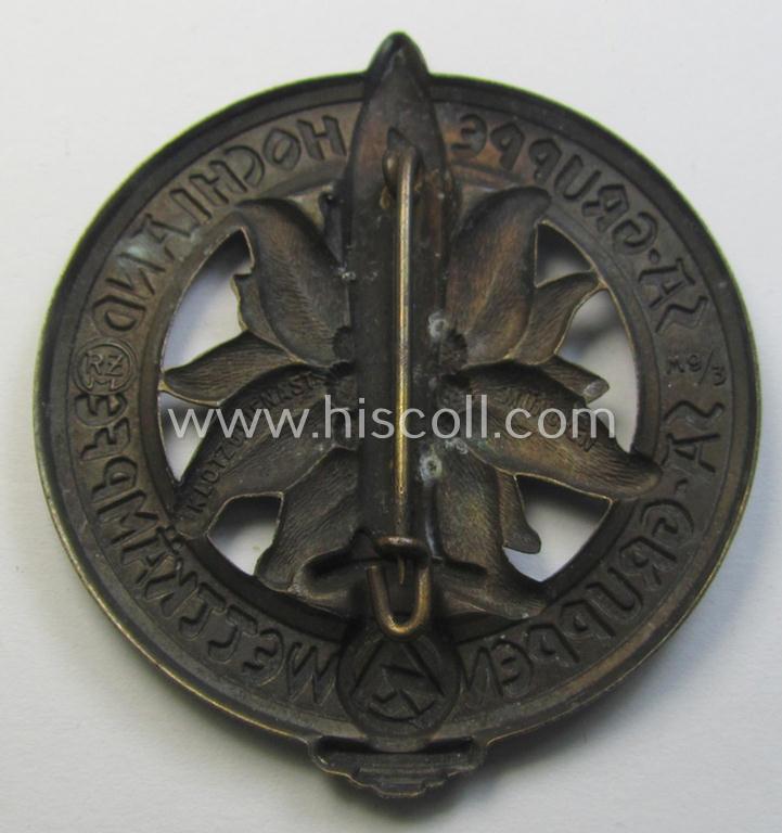Commemorative, copper-toned- and zinc-based, SA-related 'tinnie', being a maker- (ie. 'Klotz u. Kienast'-) marked example depicting an 'Edelweiss'-flower, sword and SA-logo surrounded by the text: 'SA-Gruppe Hochland - SA-Gruppenwettkämpfe 193...