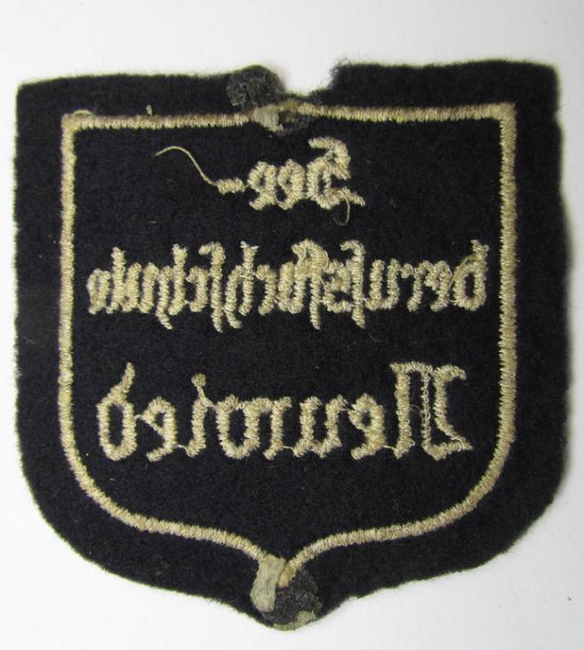 Neat - and with certainty very rarely encountered! - Marine-HJ (ie. 'Marine-Hitlerjugend') arm-badge (aka: 'Ärmelabzeichen') depicting the embroidered text: 'Seeberufsfachschule Neuwied'