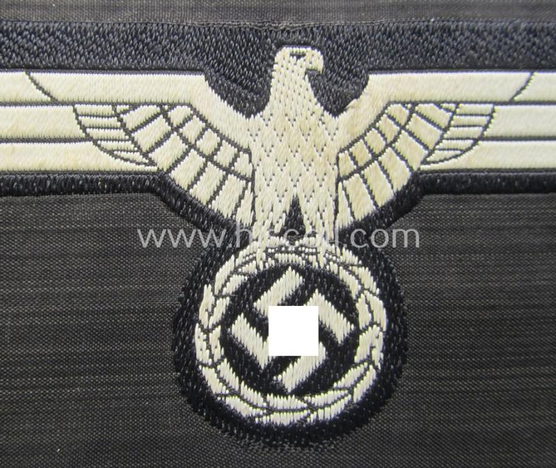 Neat, WH (Heeres) early- (ie. evt. pre-) war-period- and/or white-coloured 'Panzer'-type breast-eagle of the so-called: 'M39'- (ie.'M40'-) pattern as was executed in the neat 'BeVo'-weave pattern on a black-coloured background