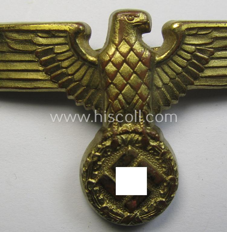 Attractive - bright-golden-coloured- and/or: 'Buntmetall'-based (political-style) visor- (ie. 'Schirmmützen'-) cap-eagle being a detailed example that is neatly: 'RzM' and/or 'M1/47' marked on its back