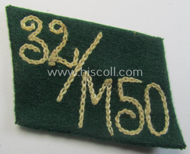 SA (ie. 'Sturmabteilungen') collar-patch-pair (ie. 'Kragenspiegelsatz') as executed in darker-green-coloured wool as was intended for an: 'SA-Scharführer' serving within the 'SA-Standarte M50' ('SA-Gruppe Kurpfalz o. Nordsee')