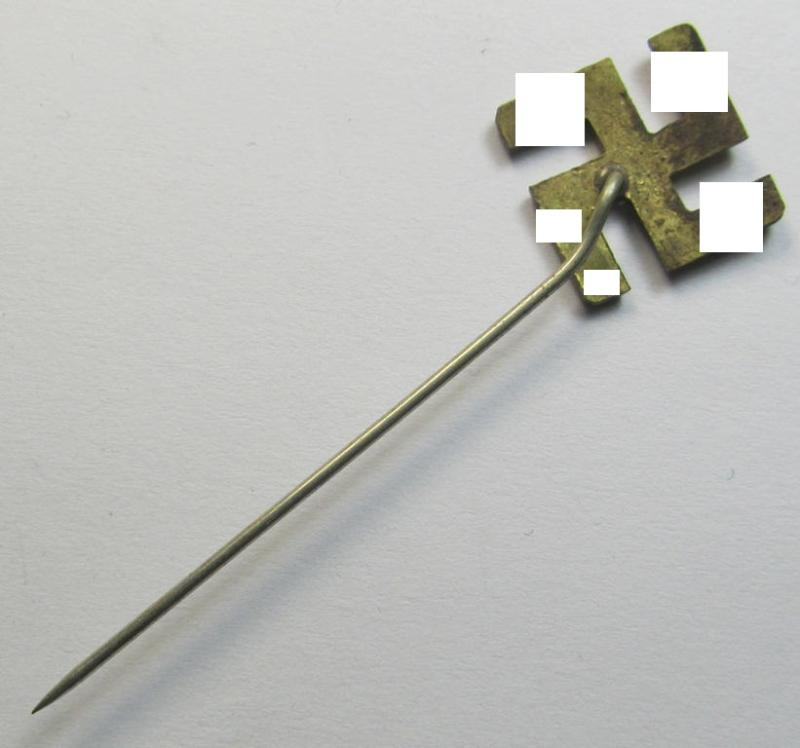 Unusually seen, golden-coloured (and - I deem - typical 'Buntmetall'-based) so-called: patriotic swastika lapel-pin (ie. 'N.S.D.A.P.-supportive piece) being an example that comes mounted onto its long-sized pin