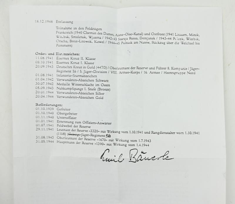 Signature of Wehrmacht Heer KC Recipient 'Emil Bauerle'