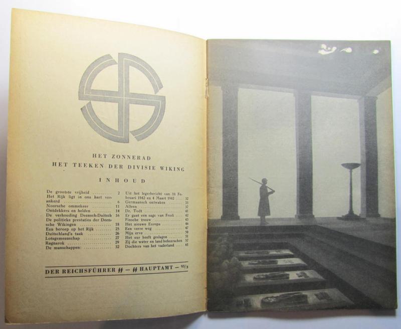 Attractive, Dutch-language issued 'SS-Leitheft' (being a so-called: 'SS-Germanisches Leitheft - 2. Jahrgang - Heft 11 - 1942') that comes in an overall very nice- (albeit used- ie. read-, condition)