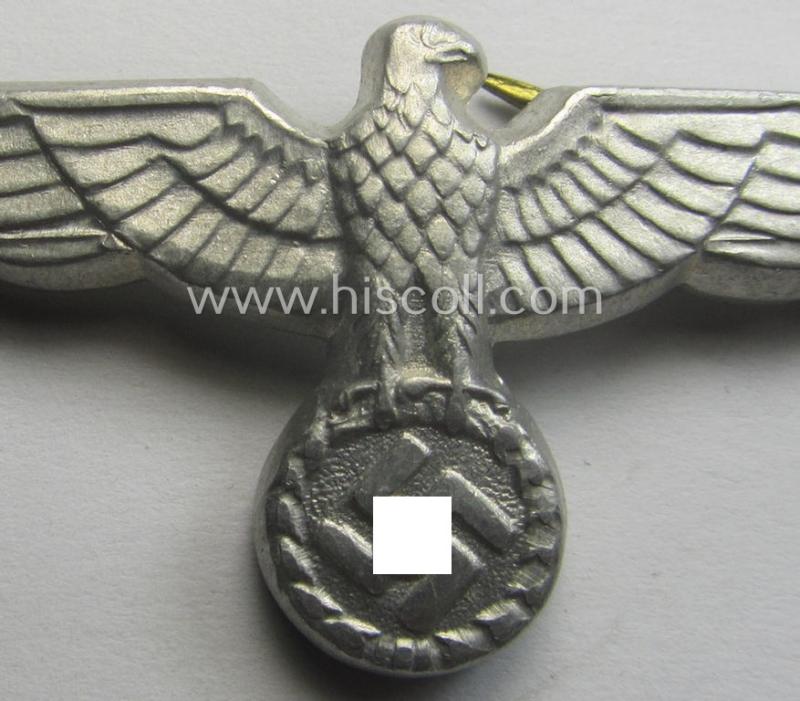 WH (Heeres) bright-silver-toned (ie. aluminium-based), EM- (ie. NCO- or officers') type visor-cap-eagle being a non-maker-marked example that comes in a just minimally used- ie. (I deem) once cap-attached, condition