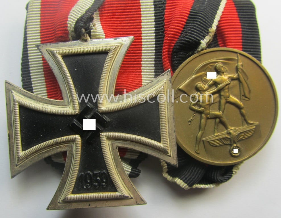 Superb example of a 2-pieced WH (Heeres o. KM etc.) medal-bar (ie. 'Orden- o. Doppelspange') showing resp. an: 'EKII. Kl.' and a Czech 'Anschluss'-medal '1 Oktober 1938'