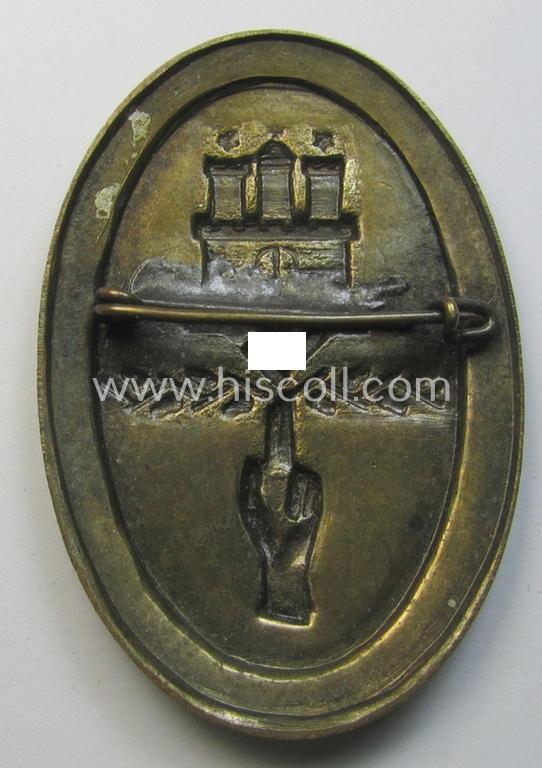 Attractive - and scarcely found! - early-period- and silver-toned- (ie. tin-based) day-badge (ie. 'tinnie') as was issued to commemorate the: '1. Gau-Parteitag Hamburg 24.2.34 - Parteigründungsfeier Hamburg  - Vereidigung d. Polit. Leiter - 25.2.3...