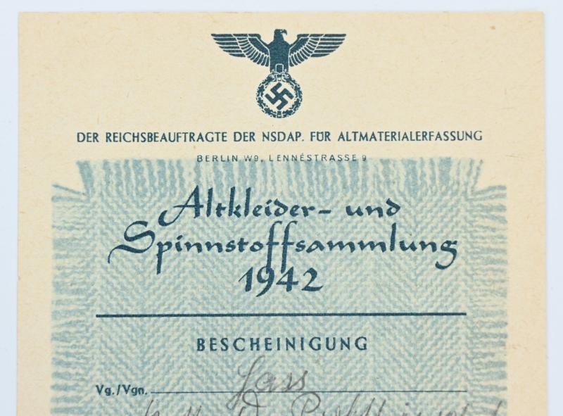 German Third Reich Era Clothing Recycling Certificate