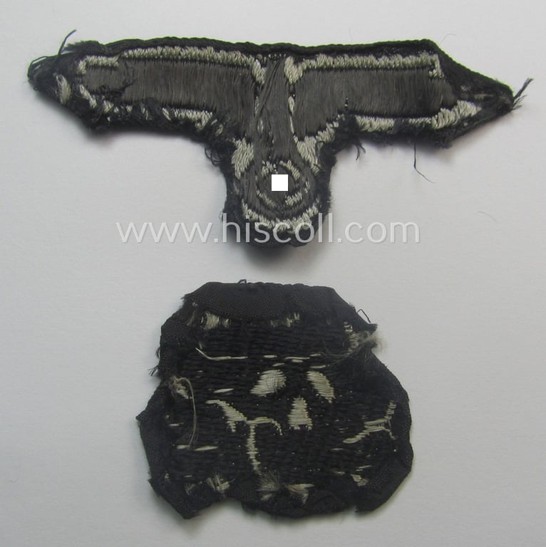 Superb - and nowadays rarely encountered! - Waffen-SS, 'BeVo'-woven-style skull- and cap-eagle-set (ie. 'Totenkopf- u. Adler-Effektensatz für Schiffchen o. Einheitsfeldmütze') that comes in a moderately used- and/or cap-removed, condition
