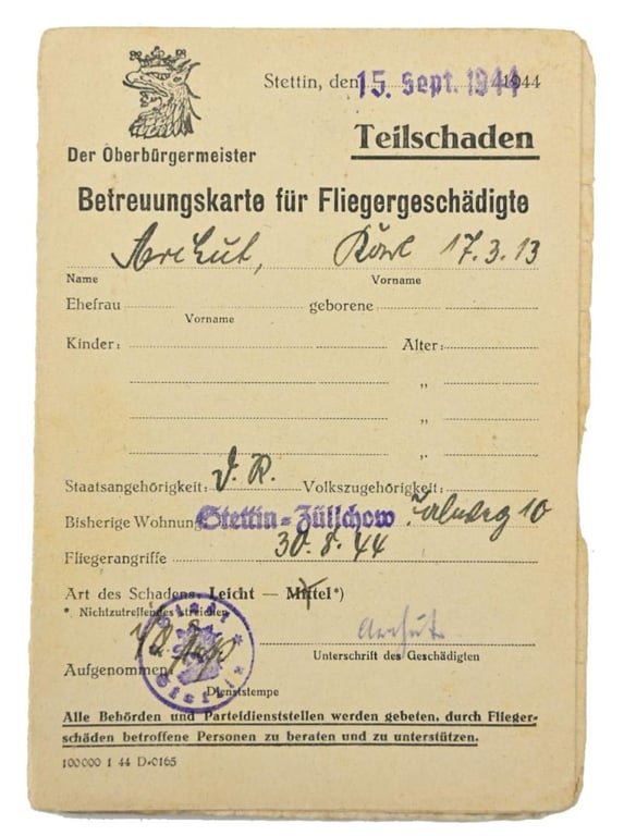 German Third Reich Paper Document set 'Stettin'