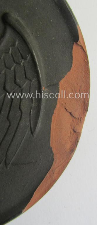 Regrettably damaged, earthenware (ie. 'Allach'-produced!): 'SS-Siegerplakette' as was issued during the: 'Sommer Sonnenwendwettkämpfen der SS' held in 1939 and that comes stored in its period, carton-based box as issued