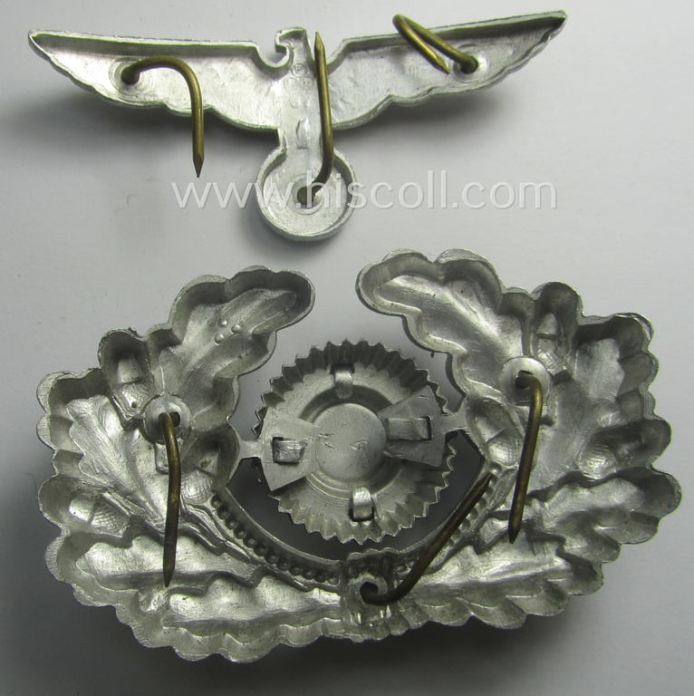 Fully matching WH (Heeres) NCO- (ie. officers'-) type (and aluminium-based!) visor-cap insignia-set for attachment onto the various NCO- ie. officers'-type visor-caps (ie. 'Schirmmützen')
