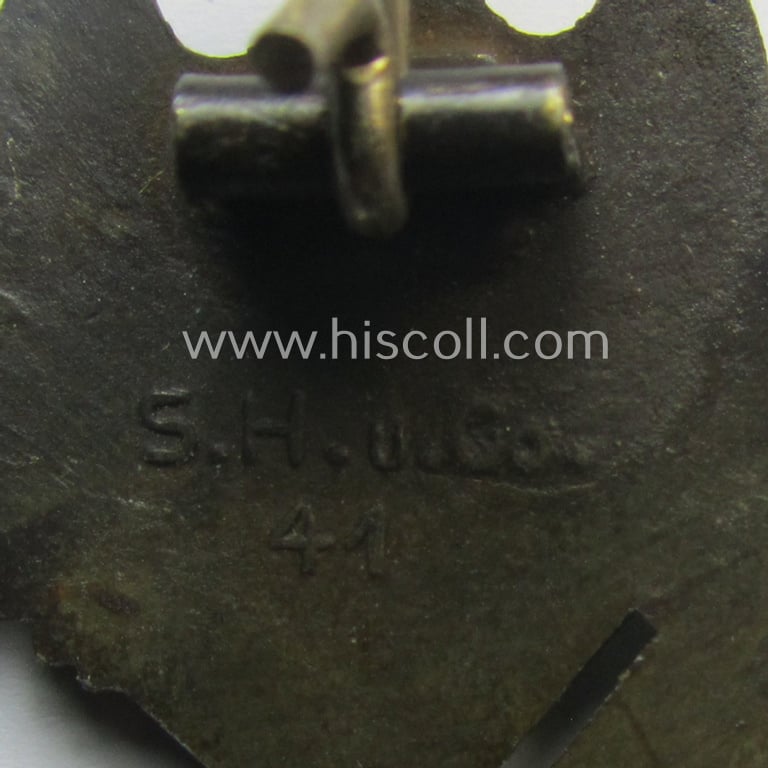 Superb - and very detailed! - 'Infanterie Sturmabzeichen in Bronze' (or: bronze-class infantry assault-badge ie. IAB) being a maker- (ie. 'S.H.u.C.o. 41'-) marked example as executed in bronze-toned, zinc-based metal (ie. 'Feinzink')