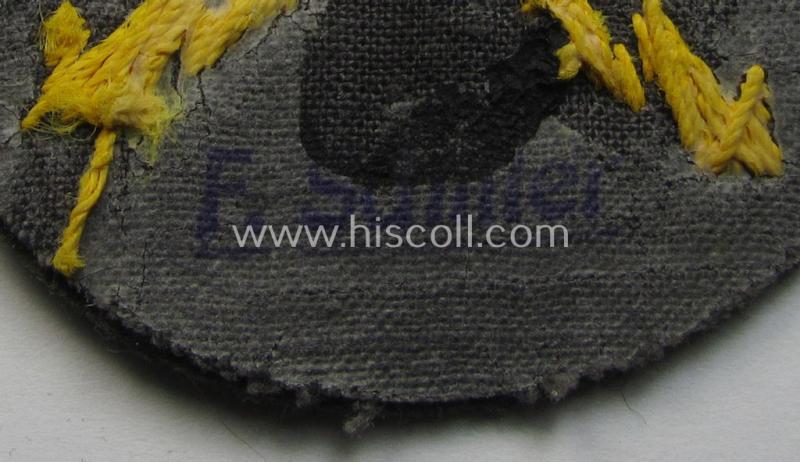 Attractive, WH (Heeres) so-called: trade- and/or special-career arm-insignia as was intended for a: 'Funkmeister' being a neatly hand-embroidered (and clearly maker-marked!) specimen on a field-grey-coloured woolen-based background