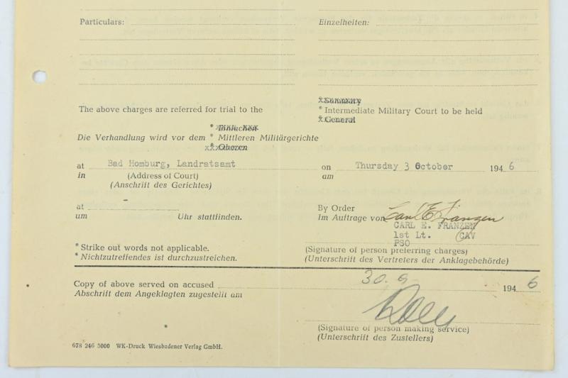 US WW2 Military Court Document 'German Dagger'