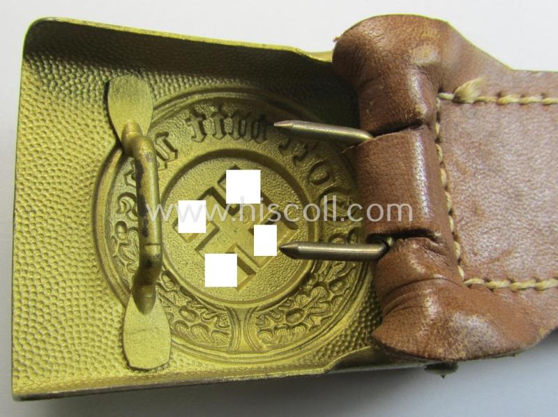 Stunning, bright-golden-coloured- and/or steel-based so-called: 'Wasserschützpolizei' belt-buckle being a maker- (ie. 'C.T. Dicke'-) marked- and: '1943'-dated example that comes mounted onto its 'typically-shaped' leather-based tab