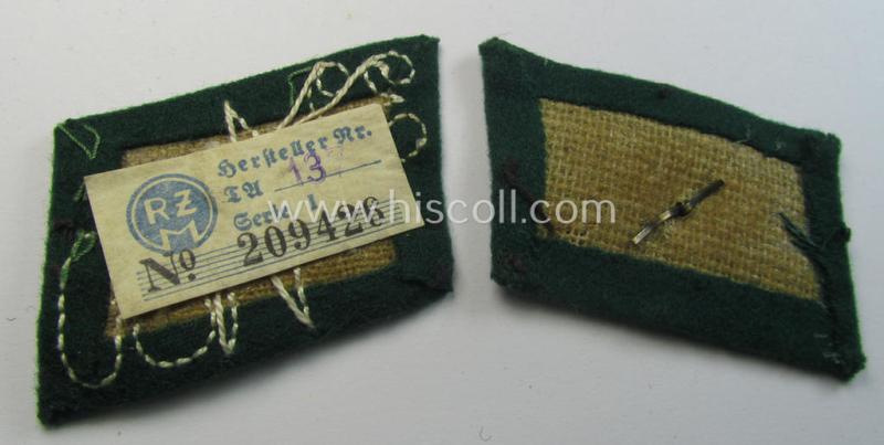 SA (ie. 'Sturmabteilungen') collar-patch-pair (ie. 'Kragenspiegelsatz') as executed in darker-green-coloured wool as was intended for an: 'SA-Scharführer' serving within the 'SA-Standarte M50' ('SA-Gruppe Kurpfalz o. Nordsee')