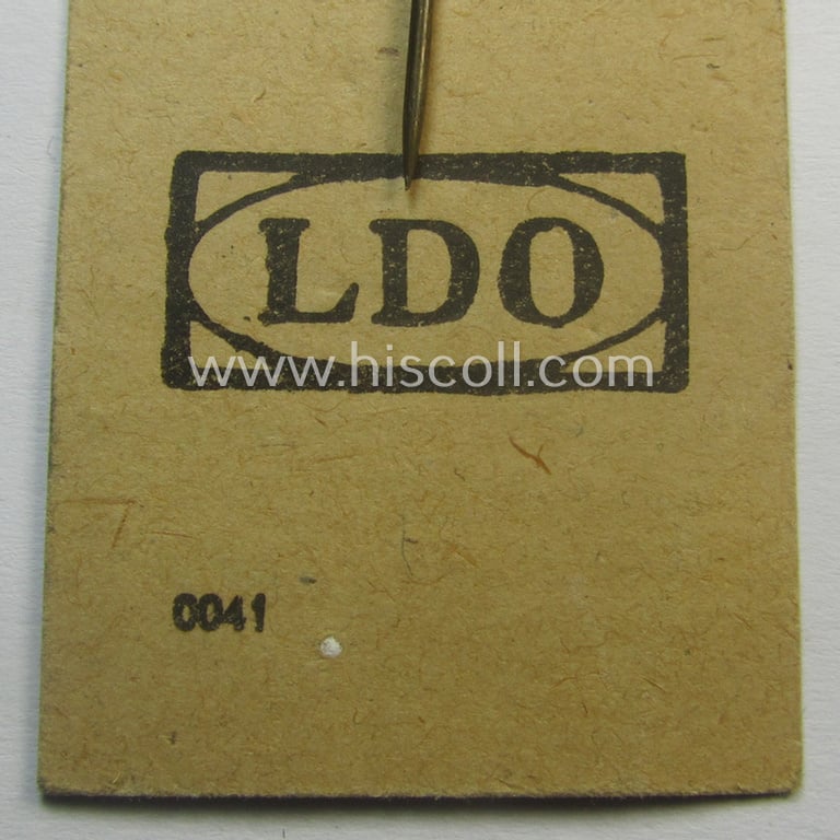 Neat - and only 9 mm. sized! - miniature-lapel-pin depicting an: 'Infanterie Sturmabzeichen in Bronze' (or: bronze-class assault-badge ie. IAB) being a non-maker-marked example that comes mounted onto its period 'LDO'-card