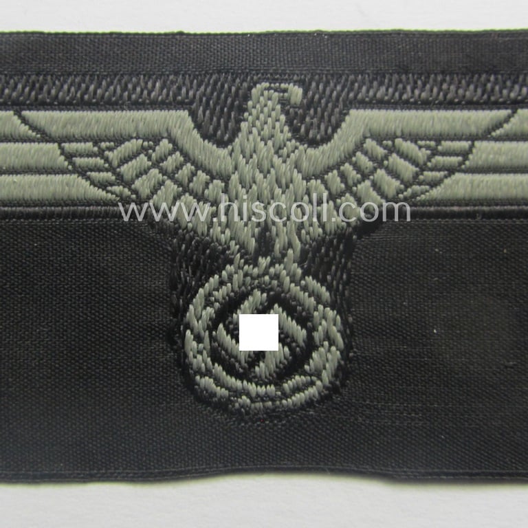 WH (Heeres) later- (ie. mid-war-) period- and/or bluish-grey-coloured 'Panzer'-type side-cap-eagle a executed in the neat 'BeVo'-weave pattern onto a typical black-coloured background