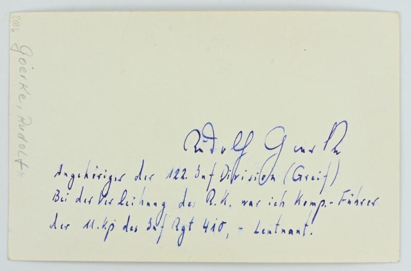 Signature of Wehrmacht Heer KC Recipient 'Rudolf Goerke'