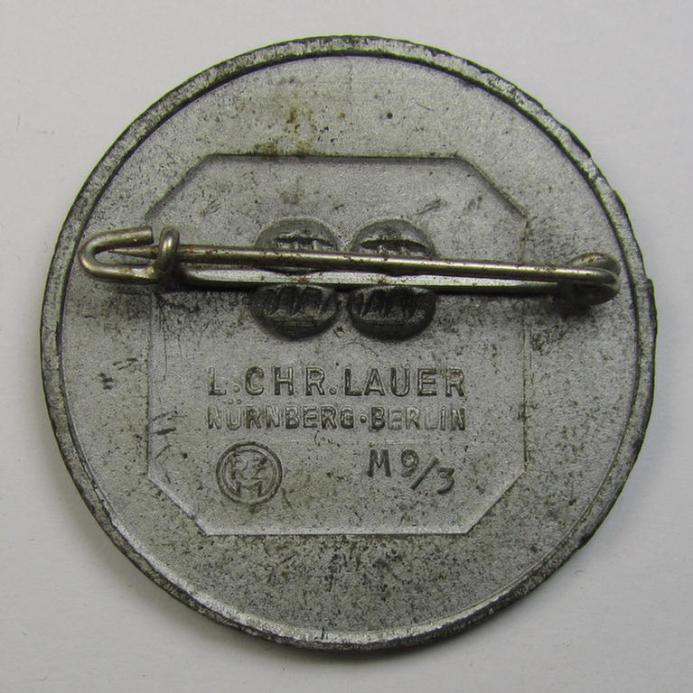 Zinc-based, SA- (ie. 'Sturmabteilungen'-) related day-badge (ie. 'tinnie') being a maker- (ie. 'L.Chr. Lauer - Nürnberg-Berlin - RzM M9/3'-) marked example entitled: 'Kampftage der Fränkischen S.A. - 1939'