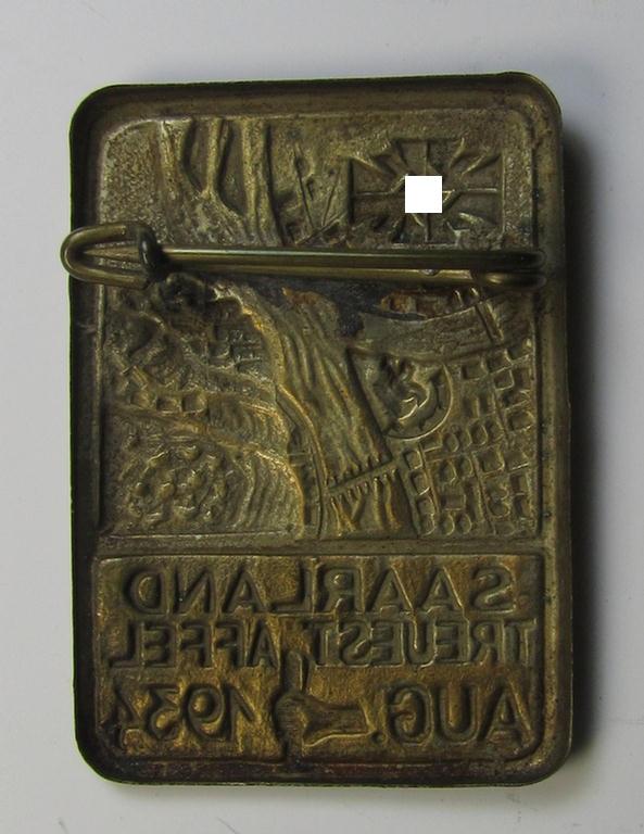 Silverish-golden-toned, (I deem) N.S.D.A.P.-related- (and fairly early-period) day-badge (ie. 'tinnie') as was issued to commemorate a gathering entitled: 'Saarland Treuestaffel - Aug. 1934'