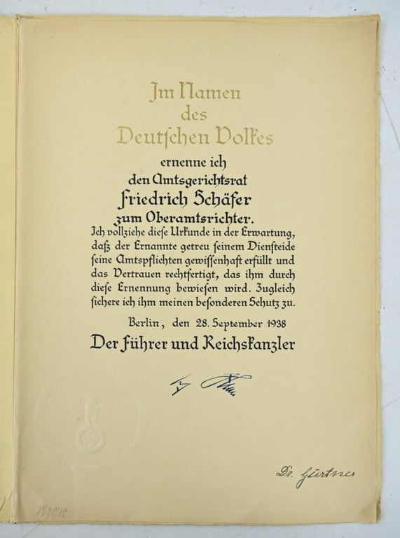 German Third Reich Promotion Document 'Oberamtsrichter'